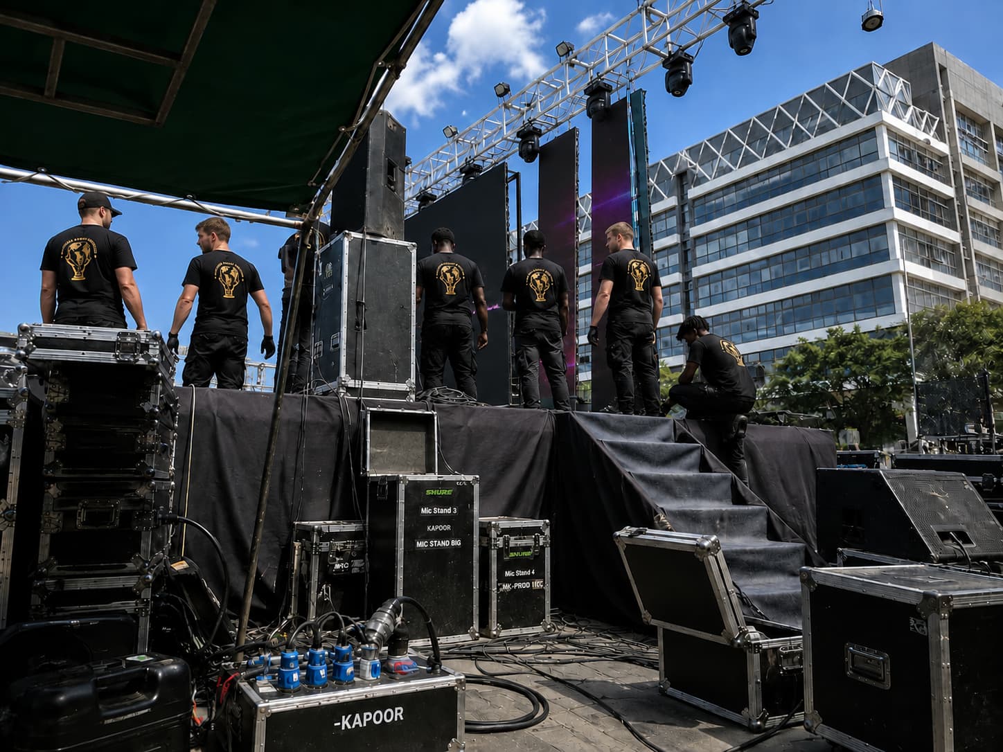 Event staff setting up a corporate venue